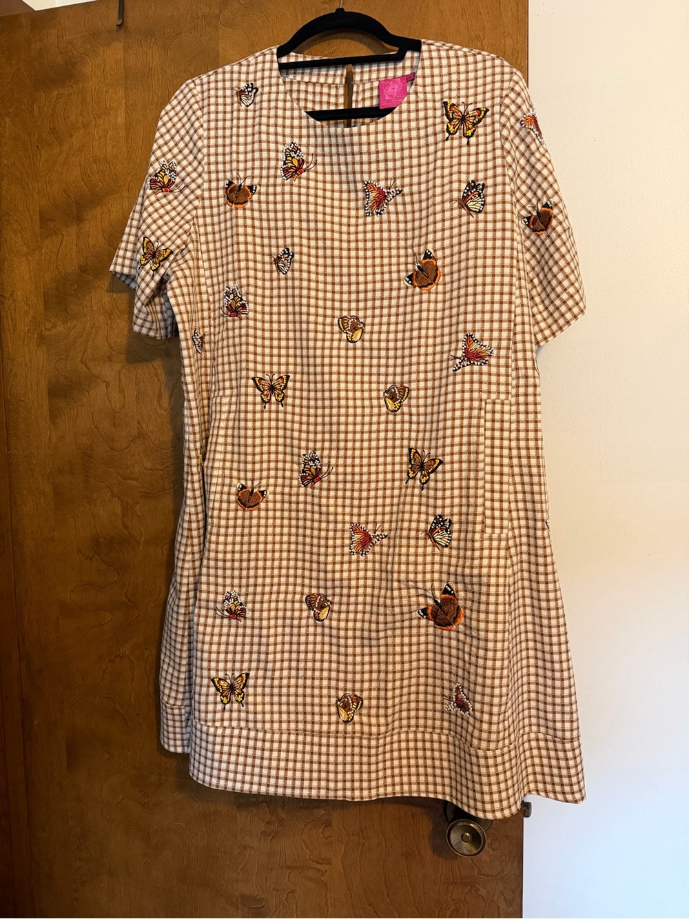 QUEEN OF SPARKLES Beige Gingham Dress with Butterfly Embroidery